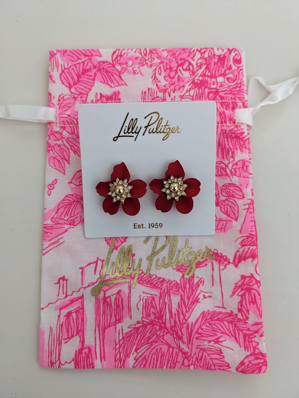 NWT! Lilly Pulitzer Small Orchid Earrings In Cranberry Red